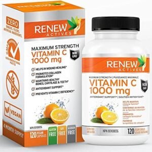 NEW! Renew Actives Maximum Strength Vitamin C 1000MG Supplement. Antioxidant & immune Booster to Support Overall Health - 4 Month Supply of Easy to Swallow Vegan Capsules. Non-gmo & Sugar Free. Made in Canada!