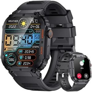 Military Smartwatch for Men (Answer/Make Call), 1.96'' HD Outdoor Rugged Smartwatch with Heart Rate Sleep Blood Pressure and Oxygen Monitor,100+Sports Modes Fitness Watch for Andriod iOS,BLACK2