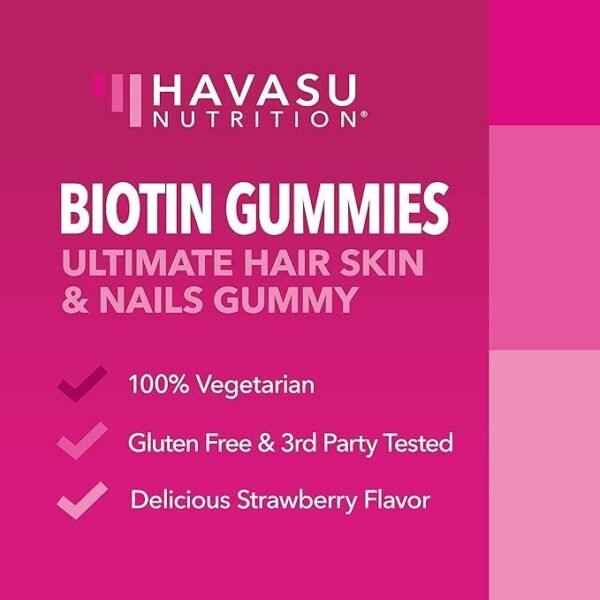 Biotin Gummies | 5000mcg | Ultimate Hair, Skin, & Nails Support for Women | Beauty Supplement for Faster Hair Growth | Strawberry Flavored Gummies with Coconut Oil | Gluten-Free, Vegetarian | 90 Ct. - Image 4