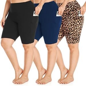 FULLSOFT 3 Pack Plus Size 8" Biker Shorts with Pockets for Women-High Waist Non-See Through Workout Black Yoga Short