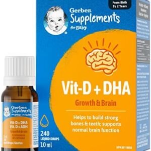 Gerber Supplements for Baby Vitamin D and DHA, Drops, 0-2 Years, Supports Strong Bones, Teeth & Normal Brain Function, No Colours, No Flavours, No Sweeteners, Gluten-Free, Vegetarian
