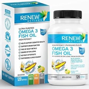 Renew Actives Omega 3 Fish Oil, 1200mg Purified Organic Omega 3 Fish Oil Supplements with 720mg Omega 3 DHA & EPA, Support Brain Function and Cognitive Health, 120 Easy to Swallow Soft Gels