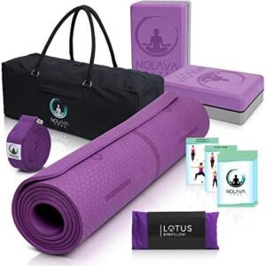 NOLAVA 7 Piece Yoga MAT Set - Yoga Mat Bag for Yoga Accessories|TPE thick Yoga Mat | Yoga Blocks 2 Pack | Yoga Strap |Weighted Lavender Eye Pillow| Yoga Cards| Ideal Gift for Yoga Beginners