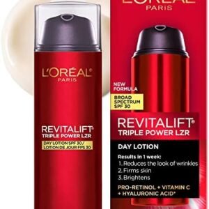L’Oréal Paris SPF 30 Moisturizer Lotion with Pro-Retinol, Vitamin C + Hyaluronic Acid, Reduces Look of Wrinkles, Firms Skin, Smoother Texture, Revitalift Triple Power LZR, SPF Face Moisturizer, Skincare, 50mL