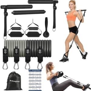 Pilates Bar Kit, ALongSong Gym Bar Kit with 6 Resistance Bands 20-50lb, Portable Home Workout Equipment Adjustable Height Bands Bar Pilates Exercise Equipment for Home Full-Body Workouts