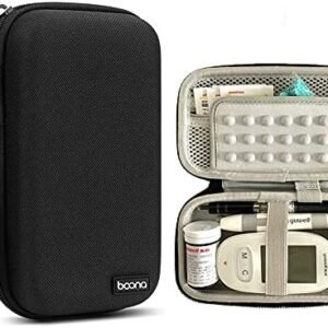 Hard Shell Diabetic Supplies Bag Carrying Case Organizer For Diabetes Testing Kit, Blood Glucose Monitor Kit with Meter, Blood Sugar Test Strips, Lancets, Lancing Device, Alcohol Wipe (B-Black, Large)