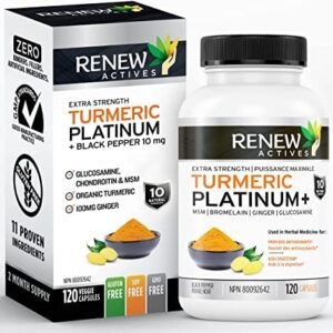 Renew Actives Organic Turmeric Curcumin Supplement: Extra Strength Turmeric Platinum + 11 Ingredients Supplement with 95% Curcuminoids, Ginger and Bioperine Black Pepper -Traditionally Used as an Anti-inflammatory to Help Relieve Joint Pain - 120 Capsules. No Fillers, Binders or Preservatives. Easy to Swallow Capsules!