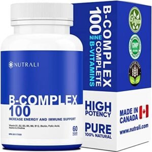 NEW Nutrali B-COMPLEX 100 High Potency Capsules, 9 Complete B Vitamins - B1, B2, B3, B5, B6, B7, B9, B10, B12 for Men and Women, Reduced Stress, Improved Immune Support, Hair, Skin, Nail & Eye Health, and Brain Function – Gluten Free, Non-GMO, Vegan - (1 Pack) 120 Capsules