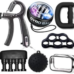 Hand Grips Strengthener Trainer Kits- 6 Pack, Adjustable Hand Grip Strengthener, Finger Exerciser, Finger Strengthener, D-Shape Hand Gripper, Wrist Gyro Ball, Stress Relief Grip Ball with Carry Bag