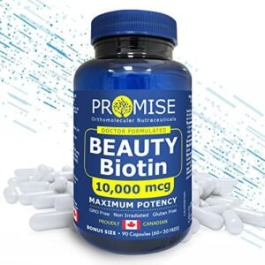 Promise Beauty Biotin High Potency Capsules 10,000 mcg - Vitamin B7 for Rapid Hair Growth Support and Healthy Metabolism- Soft Skin and Strong Nails- Made In Canada (90 Count (Pack of 1))