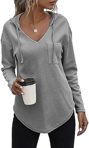 RIROW Womens Tops Long Sleeve Waffle Hoodies Drawstring Sweatshirt 2023 New S-3XL