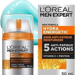 L’Oréal Paris Men Expert Hydra Energetic Face Cream with Vitamin C + Protein, 24HR Non-greasy Face Moisturizer for Men, For Dry and Dull Skin, Reduces look of fine lines & dark circles, 50ml