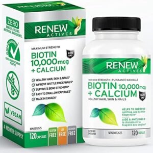 NEW! Renew Actives Biotin & Calcium 10000mcg Supplement! Potent Biotin for Healthy Hair Skin & Nails! - Added Calcium for Stronger Bones Joints, and Teeth - 120 Vegan Capsules. Made in Canada!