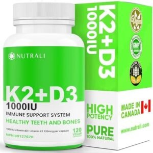 New Nutrali HIGH POTENCY Vitamin D3 + K2 Supplement – 1000IU / 120mcg, Healthy Teeth and Bones, Immunity Support, MK-7 Form, Calcium Metabolism, Gluten Free. 120 Vegan Capsules.