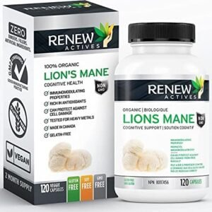NEW! Renew Actives 1100mg Organic Lions Mane Mushroom Supplement (120 Capsules), 40% Polysaccharides and 25% Beta Glucans, Immunomodulator & Antioxidant Powerhouse! Amazing Brain Supplement for Memory. Vegan - Made in Canada