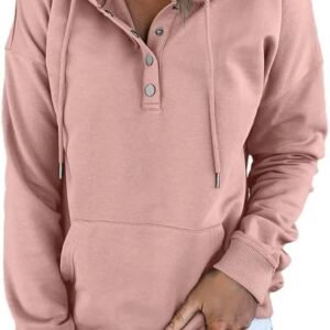 Dokotoo Womens 2022 Casual Button Collar Drawstring Long Sleeve Hoodies Pullover Sweatshirts Hooded Tops
