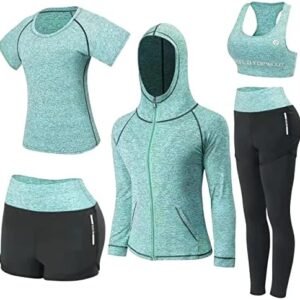 Nesyd Workout Sets for Women 5 Pieces Yoga Exercise Fitness Gym Outfits Running Athletic Clothes Tracksuits Activewear Set
