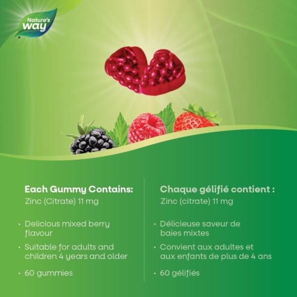 Nature's Way Zinc Gummies - Immune System Support Mineral Supplement – Maintain Healthy Bones, Hair, Skin and Nails - Vegetarian Gummies for Kids 4+ and Adults - Mixed Berry Flavour, 60 Gummies - Image 5