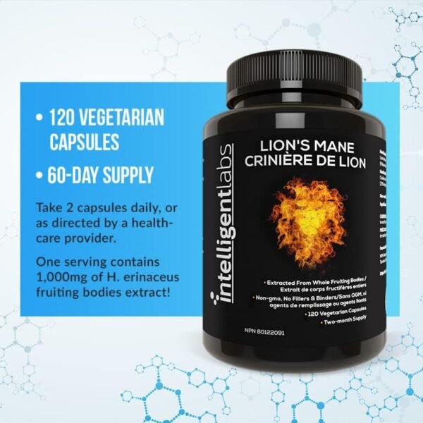 Lion’s Mane Mushroom Capsules by Intelligent Labs, Extracted from The Fruiting Bodies of Hericium Erinaceus, Minimum 25% Beta Glucans, No Grain Fillers, 2-Month Supply - Image 4