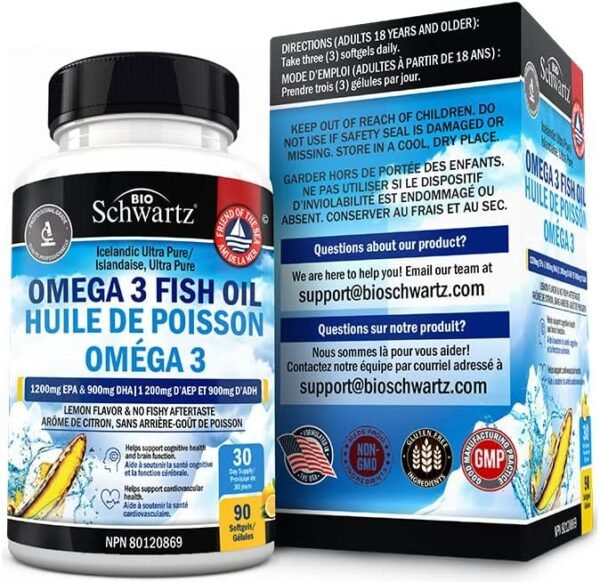 Omega 3 Fish Oil Supplement - 1200mg EPA and 900mg DHA Fatty Acid Per Serving from Wild Caught Fish - Supports Joint, Eyes, Brain & Skin Health - Burpless Lemon Flavor, Gluten-Free, 90 Softgels - Image 4