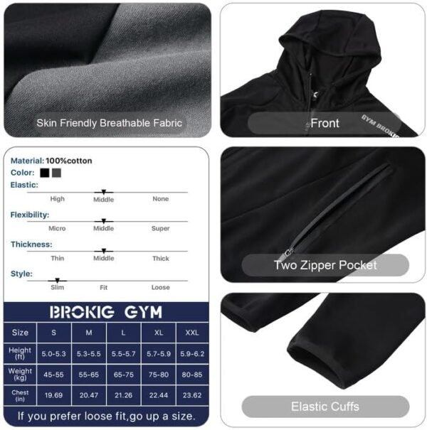 BROKIG Mens Gym Hoodie, Training Workout Muscle Hooded Sweatshirts with Zipper Pockets - Image 6