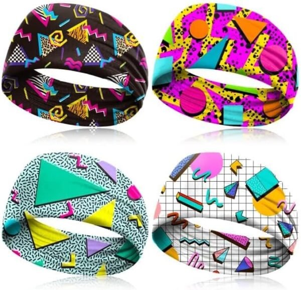 clothmile 4 Pcs 80s 90s Neon Headbands Outfit Accessories For Women Men Retro Vintage Fashion Sweatbands 90s Athletic Elastic Hairband for Hip Hop Party Style Hiking Cycling Running